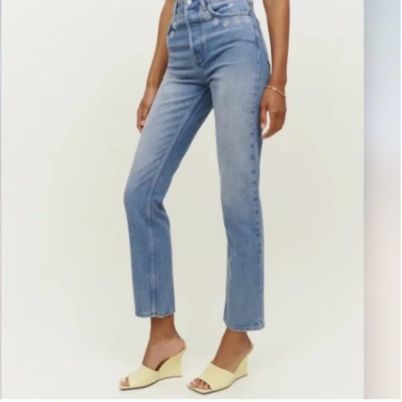 Reformation Cynthia High Rise Straight Jeans Daisy Embroidered Dillon 27 NWT